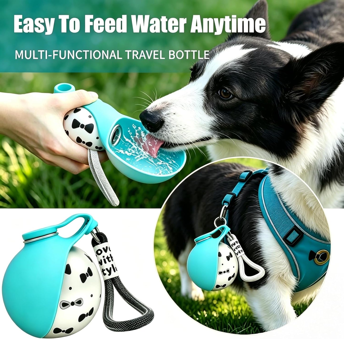 Portable Dog Water Bottle with Built-In Silicone Bowl – 10oz